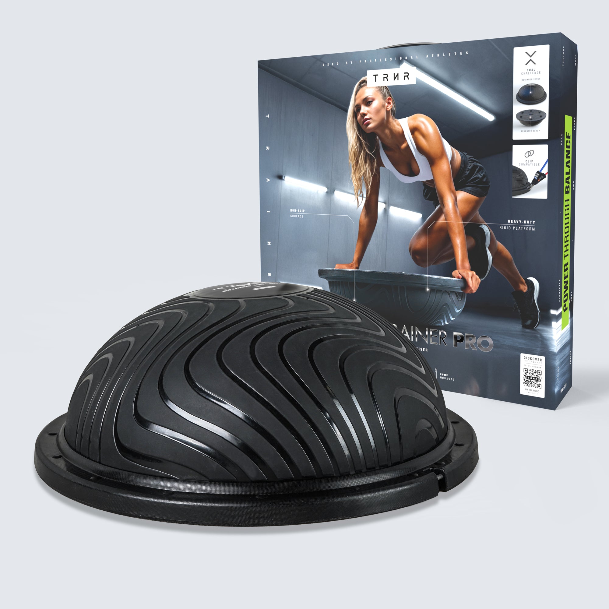 TRNR Balance Trainer Pro and Packaging | Balance & Core Strength Training Gear | Inflatable Dome with Resistance Tube Brackets