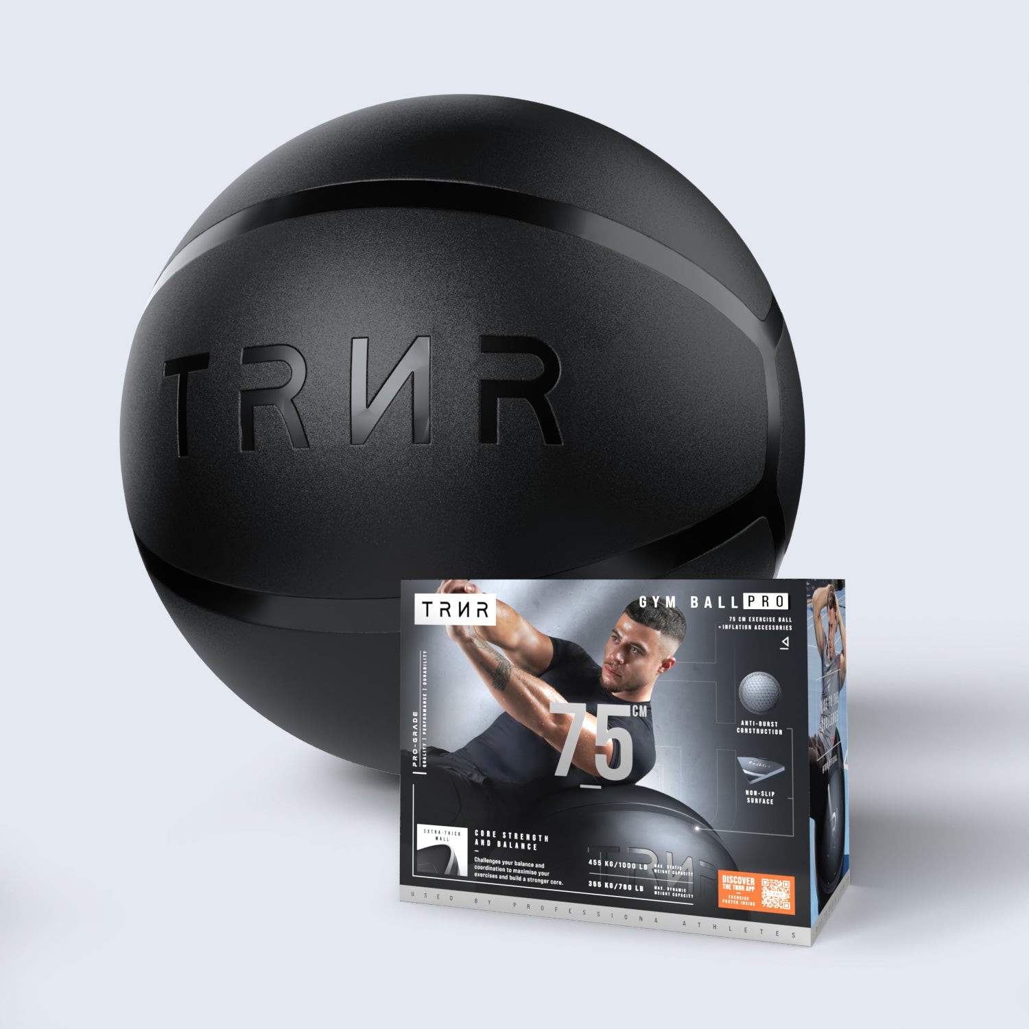 TRNR Gym Ball Pro 75cm Black & Packaging | Anti-burst Premium Stability Ball for Core Strength & Balance Training | Latex & BPA free