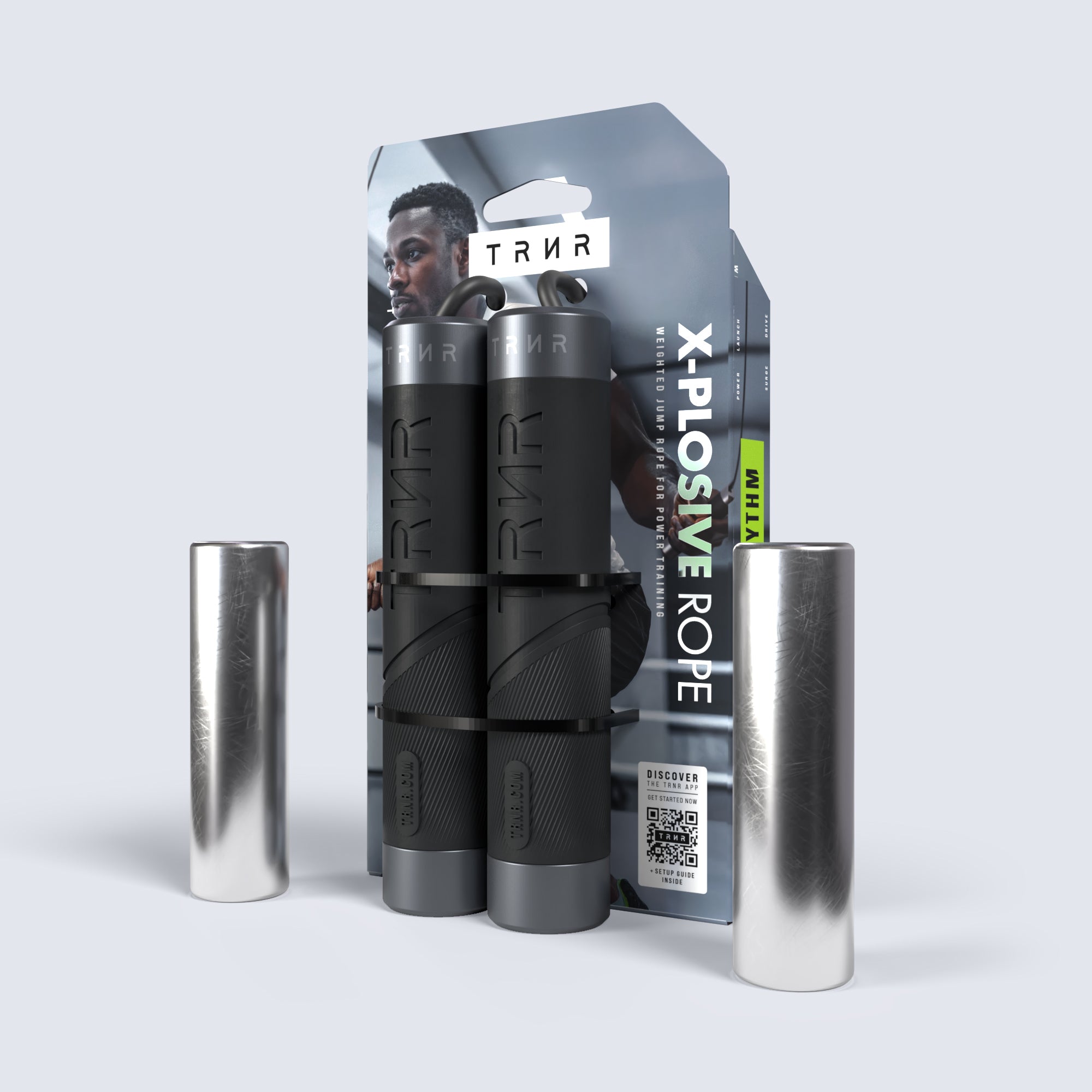 TRNR X-Plosive Rope in Black with 2 Removable Weights along Packaging | Weighted Jump Rope for Power Training