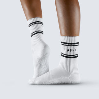TRNR Crew Grip Socks - White with Black Pinstripes | Featuring TRNR Logo