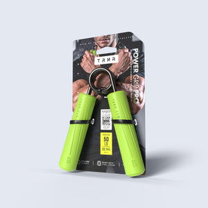 TRNR Power Grip Pro 50 lb with Removable Lime Silicone Grips Featuring Packaging 