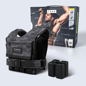 TRNR weighted vest in monochromatic camo print with weights and packaging on a light gray background