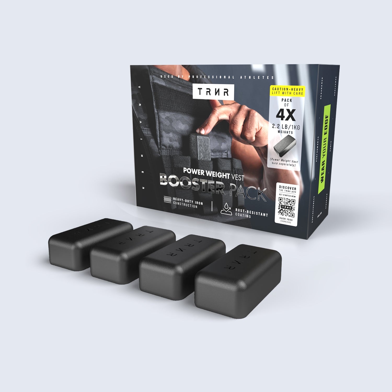 TRNR Power Weight Vest Booster Pack (4x 1kg weight bars) with packaging on a light gray background
