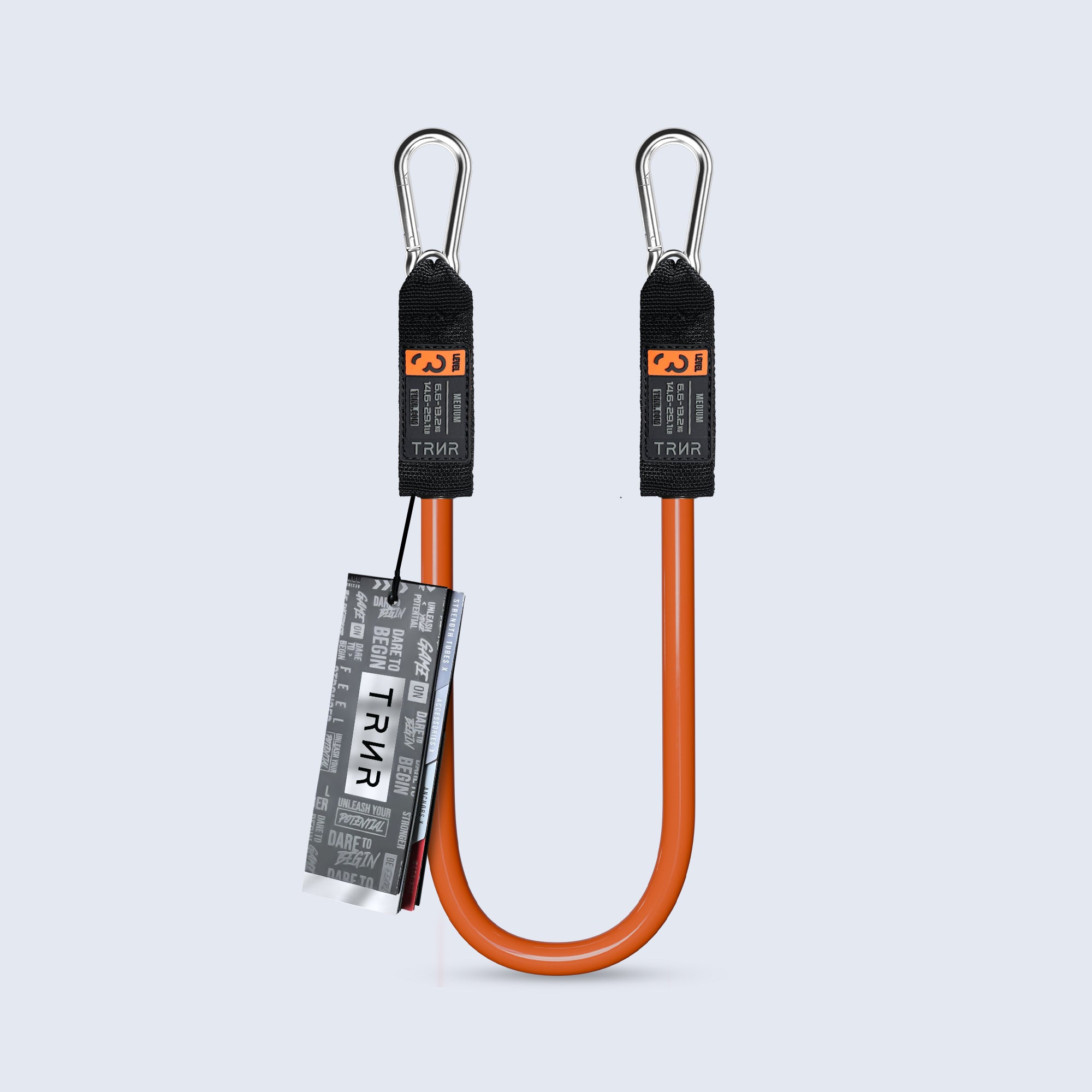 TRNR Stackable Mini Resistance Tube in Orange with Metal Clips and Lanyard on a Light Grey Background