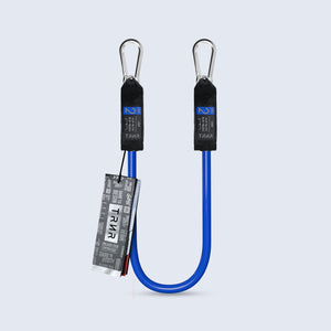 TRNR Short Stackable Resistance Tube with Metal Carabiners in Blue Natural Rubber Latex on a Light Grey Background