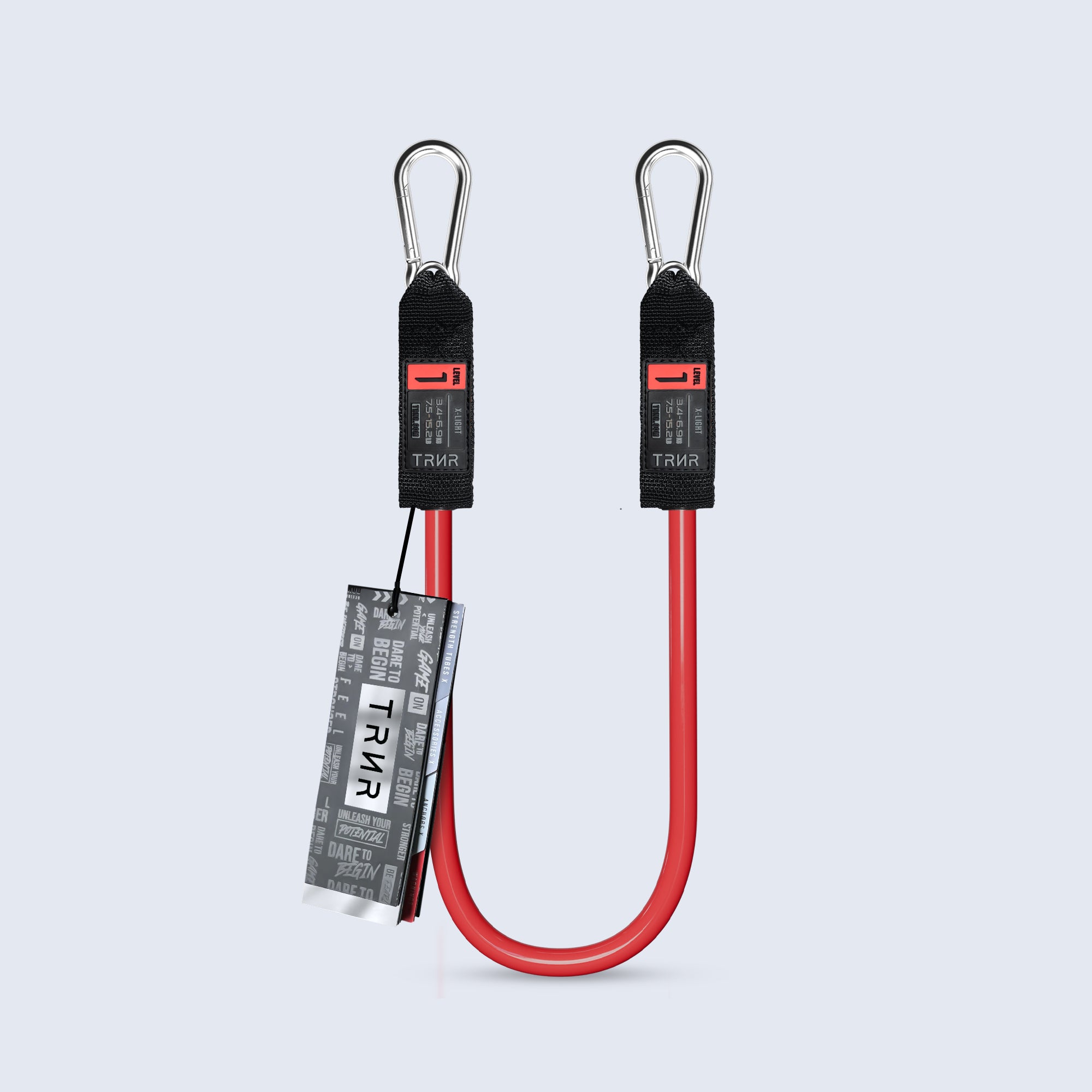 TRNR Stackable Short Resistance Tube in Red with Steel Clips and Weight Range Rating on a Light Grey Background