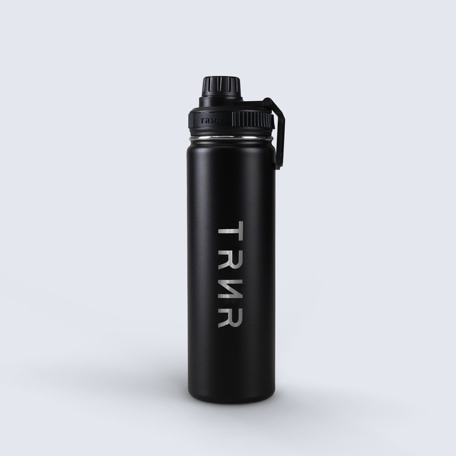TRNR Studio Bottle (Black) in 710 ml capacity | Product Overview Featuring TRNR Logo and Screw Lid with Handle