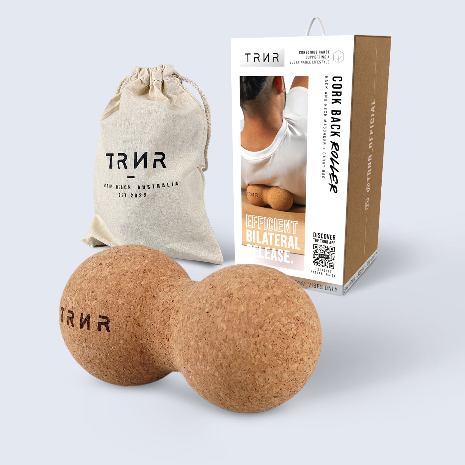 TRNR Cork Back Roller Alongside Packaging & Carry Bag