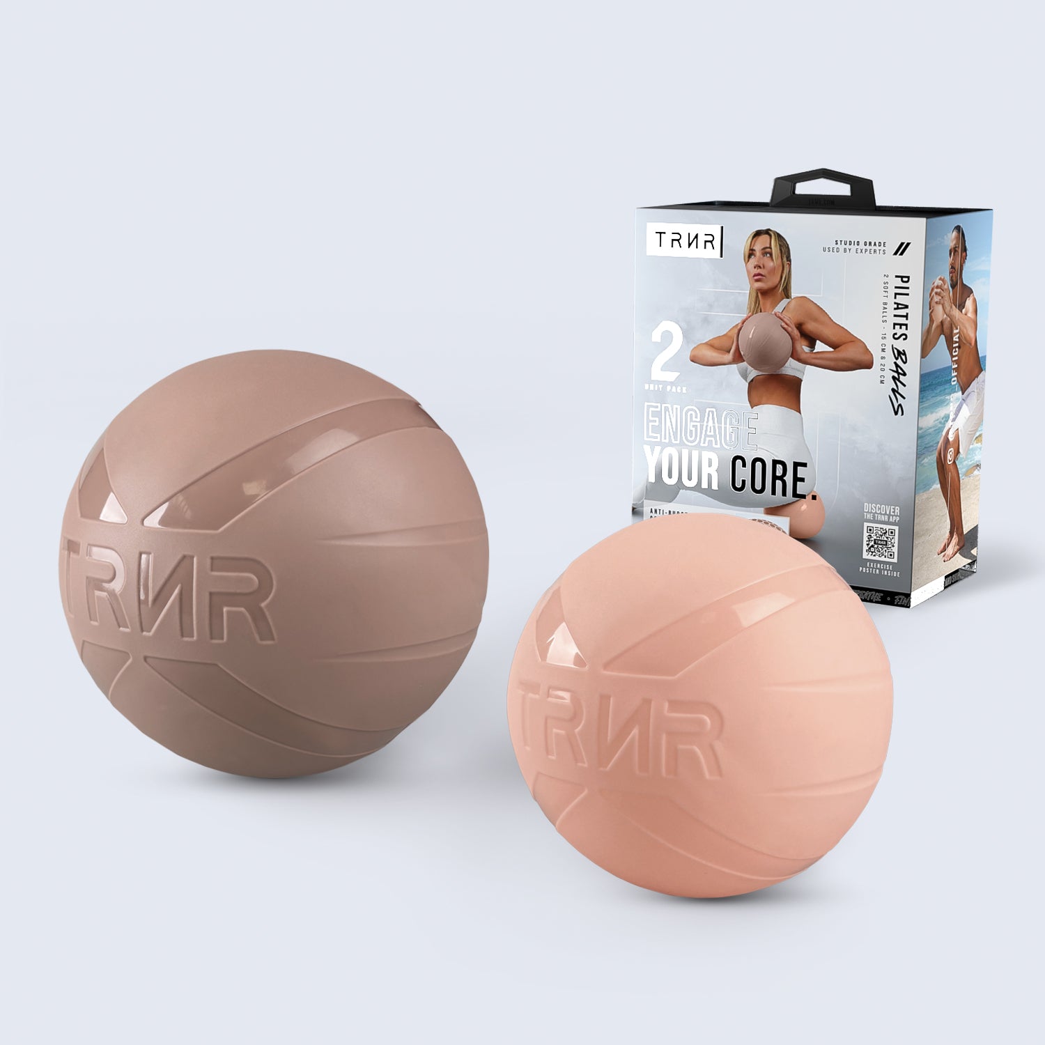 TRNR Pilates Balls 2-Unit Pack (Small & Medium Size) Alongside Packaging